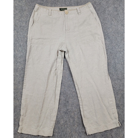Eddie Bauer Pants Womens 10 Beige Brown Crop 100% Linen Casual Beach Vacation - Picture 1 of 16